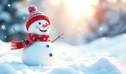 Fototapeta premium Winter holiday christmas background banner - Closeup of cute funny laughing snowman with wool hat and scarf,