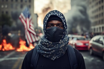 USA riots after the 2024 election outcome. Close up portrait young african american man stands against on chaotic backdrop of burning cars, USA flag and protestors. 