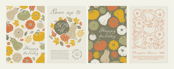 Thanksgiving greeting card template set. Holiday background with pumpkin and fall leaves. Nature flyer design collection. Boho poster with autumn doodle. Halloween line art hand drawn illustration.