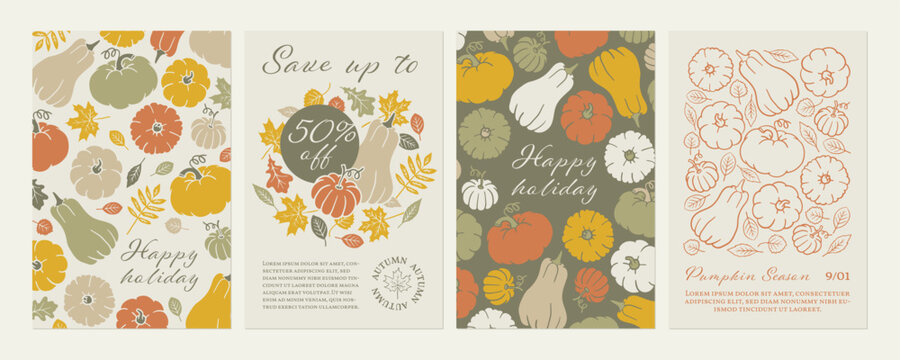Thanksgiving greeting card template set. Holiday background with pumpkin and fall leaves. Nature flyer design collection. Boho poster with autumn doodle. Halloween line art hand drawn illustration.