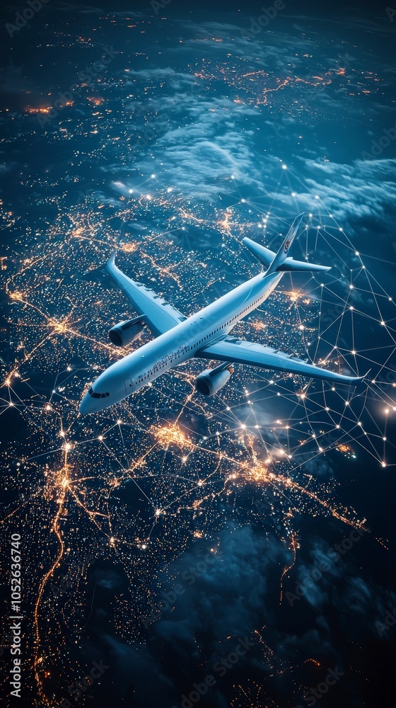 Canvas Prints aerial view of airplane within a digital web amidst sparkling night, portraying technological advanc
