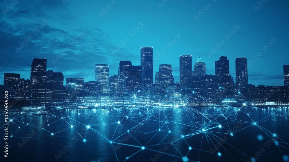 Poster urban skyline with digital network connection