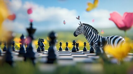 Obraz premium A zebra on a chessboard in a flower field with a butterfly flying above