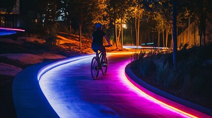 A biker rides at night with colorful lights shining along the bike path, showing the liveliness of summer evenings.
