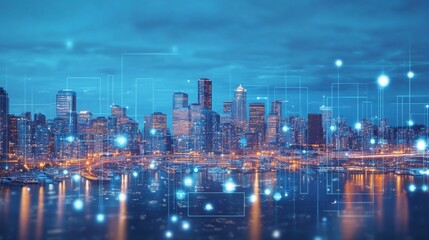 Fototapeta premium Urban Cityscape with Digital Overlay at Night