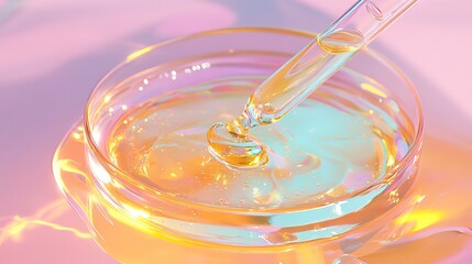 A dropper with skincare serum and a golden cosmetic liquid inside. The dropper is on a clear glass palette and the background is a pastel color.