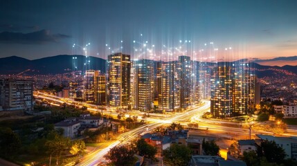 Obraz premium Cityscape at Dusk with Digital Effects