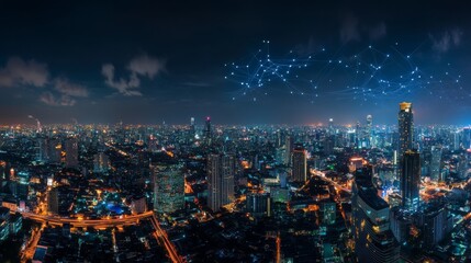 Obraz premium Urban Nightscape with Digital Connections View