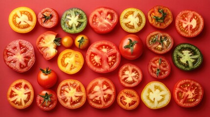 Assortment of colorful ripe tomatoes sliced and arranged on a red background.