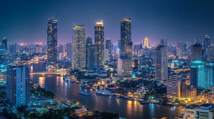 Naklejka premium Nighttime Cityscape with River and Skyline Lights