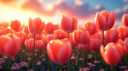 A field of pink tulips illuminated by the sunset