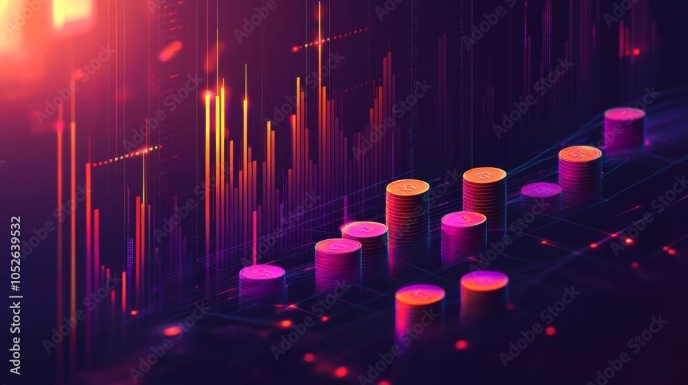 Fototapete abstract financial data visualization with coins and graphs