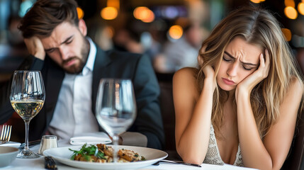 A distressed couple, ignoring their untouched food, sit silently in an upscale restaurant after a heated argument