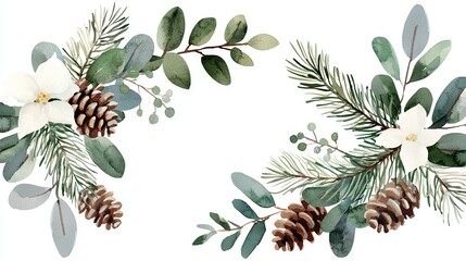 Fototapeta premium Watercolor Christmas wreath on white background with white flowers, green foliage, and pinecones