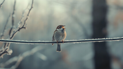 氷のワイヤーで歌うスズメ