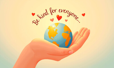 This image shows a hand holding a globe with a message that reads: "Be kind for everyone". There are red heart shapes around the phrase. The image conveys a message of compassion and kindness