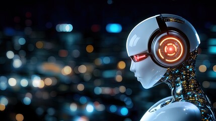 The humanoid robot stands in profile, observing a vibrant city skyline illuminated by bright lights, showcasing advanced technology