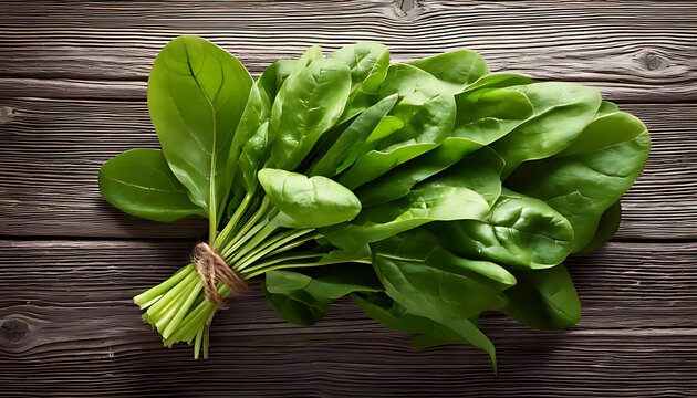 fresh bunch green spinach leaves sit old gray wooden table
