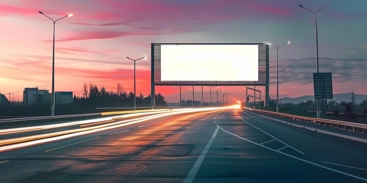 billboard on highway during sunset with light trails from vehicles