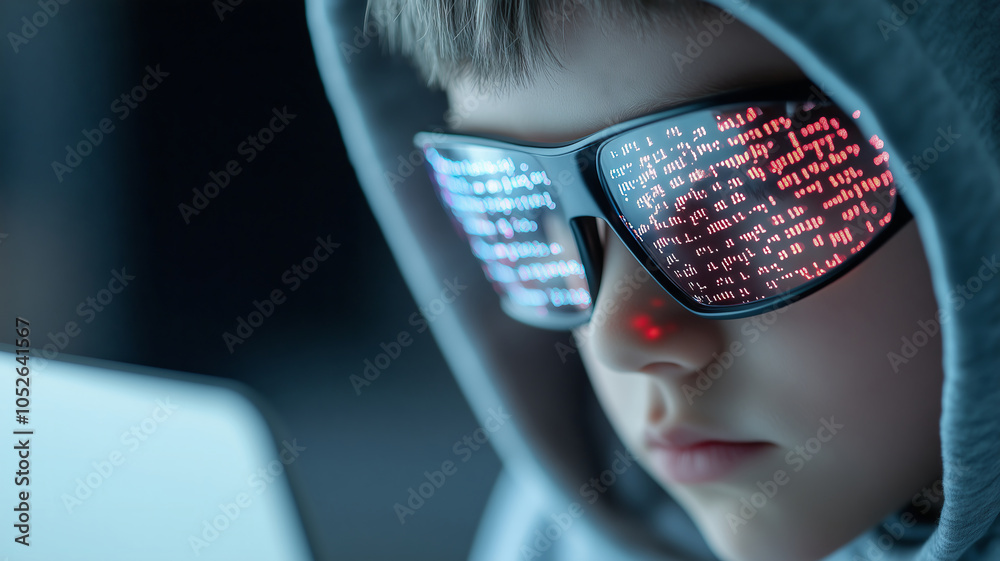 Aufkleber a young hacker in a hooded sweater focusing on digital code at night