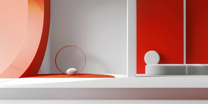 geometric interior design with red walls and white furniture elements