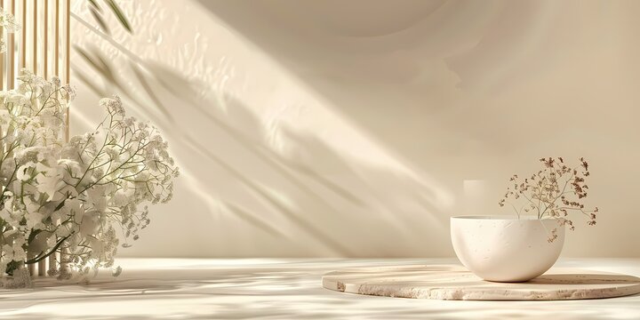 floral arrangement in white vase on circular surface with soft light