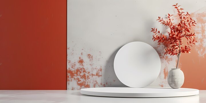 interior design with white circular display and orange plant in vase on textured wall