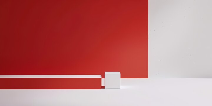 geometric design with red wall and white cube on minimal surface