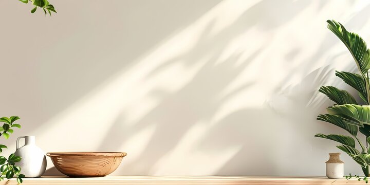 interior design with plant bowl and pottery vase on wooden surface with natural light