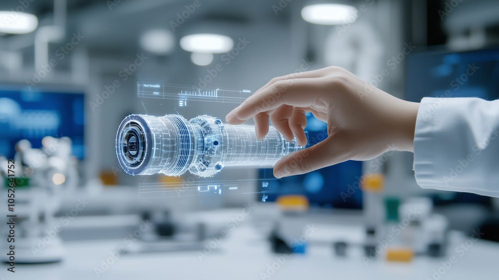 Fototapete engineer fine-tuning a futuristic transparent device in a modern workspace