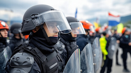 Riot police stand resolute with shields during a demonstration in the city