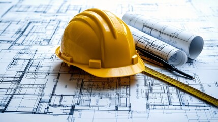 Construction hard hat on blueprints with drafting tools in a workspace