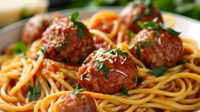 A close-up of spaghetti with meatballs and tomato sauce, topped with fresh parsley and grated cheese