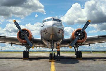 Fototapeta premium Dedicated airplane mechanic carefully inspects fuel tanks under a bright sky