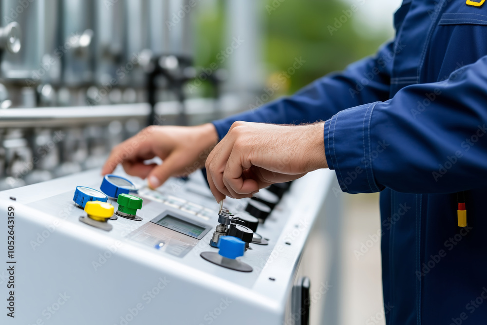 Poster Engineer skillfully programming water control systems in a modern facility