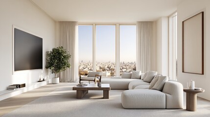 Fototapeta premium A stylish living room features elegant decor, city views, and warm lighting, creating a cozy atmosphere in a Tel Aviv apartment