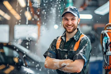 A joyful and smiling mechanic is seen working at a car wash, surrounded by sparkling water droplets