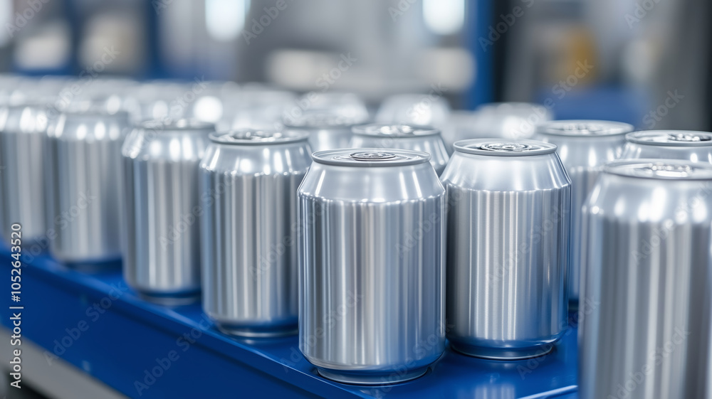 Poster Processing line showcasing close-up details of metal cans in a factory