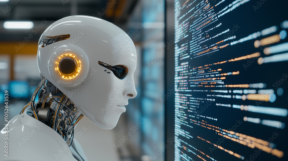 Poster Engineer programming an advanced AI system in a modern tech lab environment