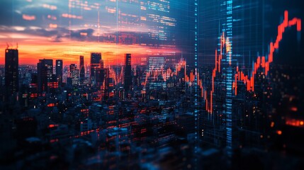 A cityscape with digital overlays of stock market indices and economic data, representing global finance