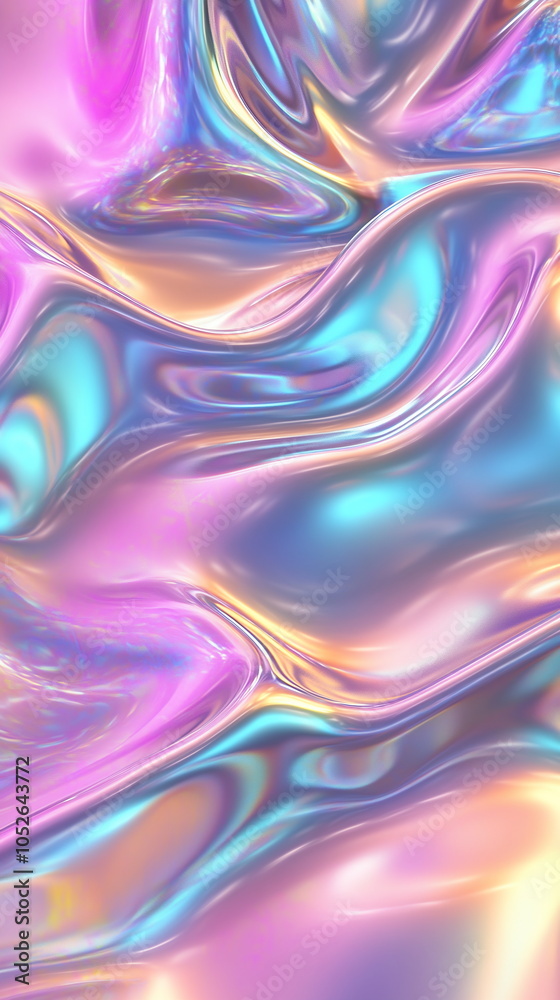 Fototapete Vibrant holographic waves. Shimmering surface in gold and silver. Fluid movement with colorful reflections. Abstract and dynamic. Vertical banner web cover, print ad, presentation, brochure template