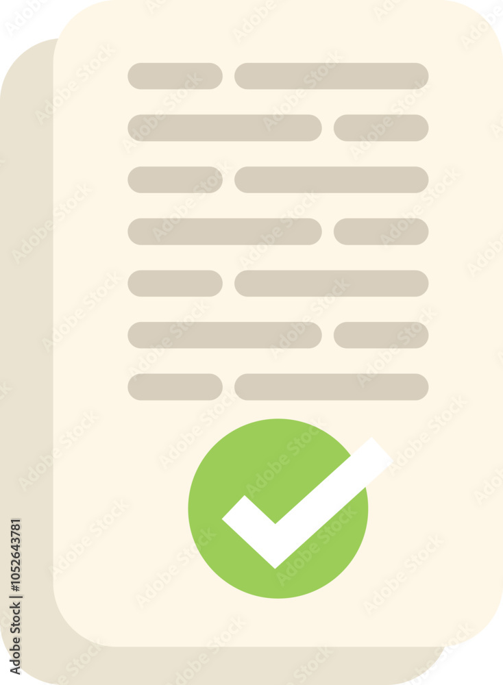 Poster green check mark is sitting on a document with lines of text, signifying validation