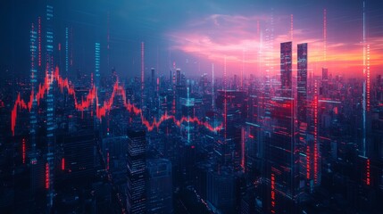 A cityscape with digital overlays of stock market indices and economic data, representing global finance