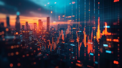 A cityscape with digital overlays of stock market indices and economic data, representing global finance