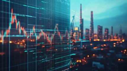 A cityscape with digital overlays of stock market indices and economic data, representing global finance