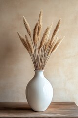 Elegant vase with branches and leaves on a wooden table illuminated by soft sunlight