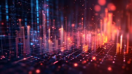 A cityscape with digital overlays of stock market indices and economic data, representing global finance