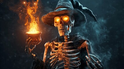 A spooky skeleton wearing witch hat holding a burning lamp in hand in a black horror night