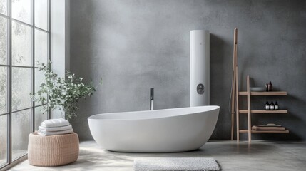Modern bathroom with energy-efficient water heater and bathtub, enhancing comfort and sustainability