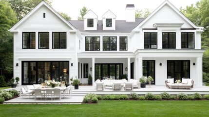 Fototapeta premium A white modern farmhouse with a black roof boasts a large, inviting backyard and patio, perfect for outdoor gatherings at twilight
